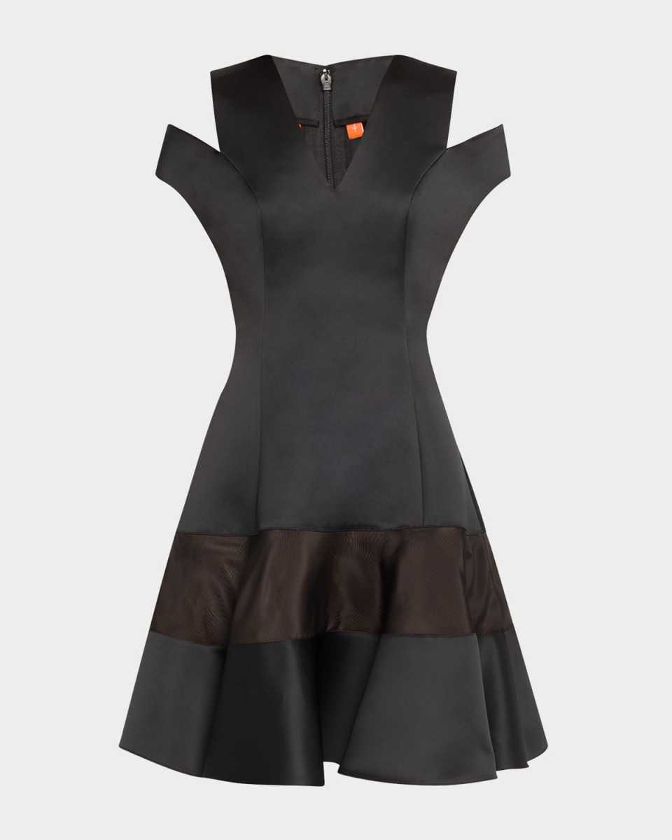 Shoulder Cut Out Flounce Satin Organza Dress